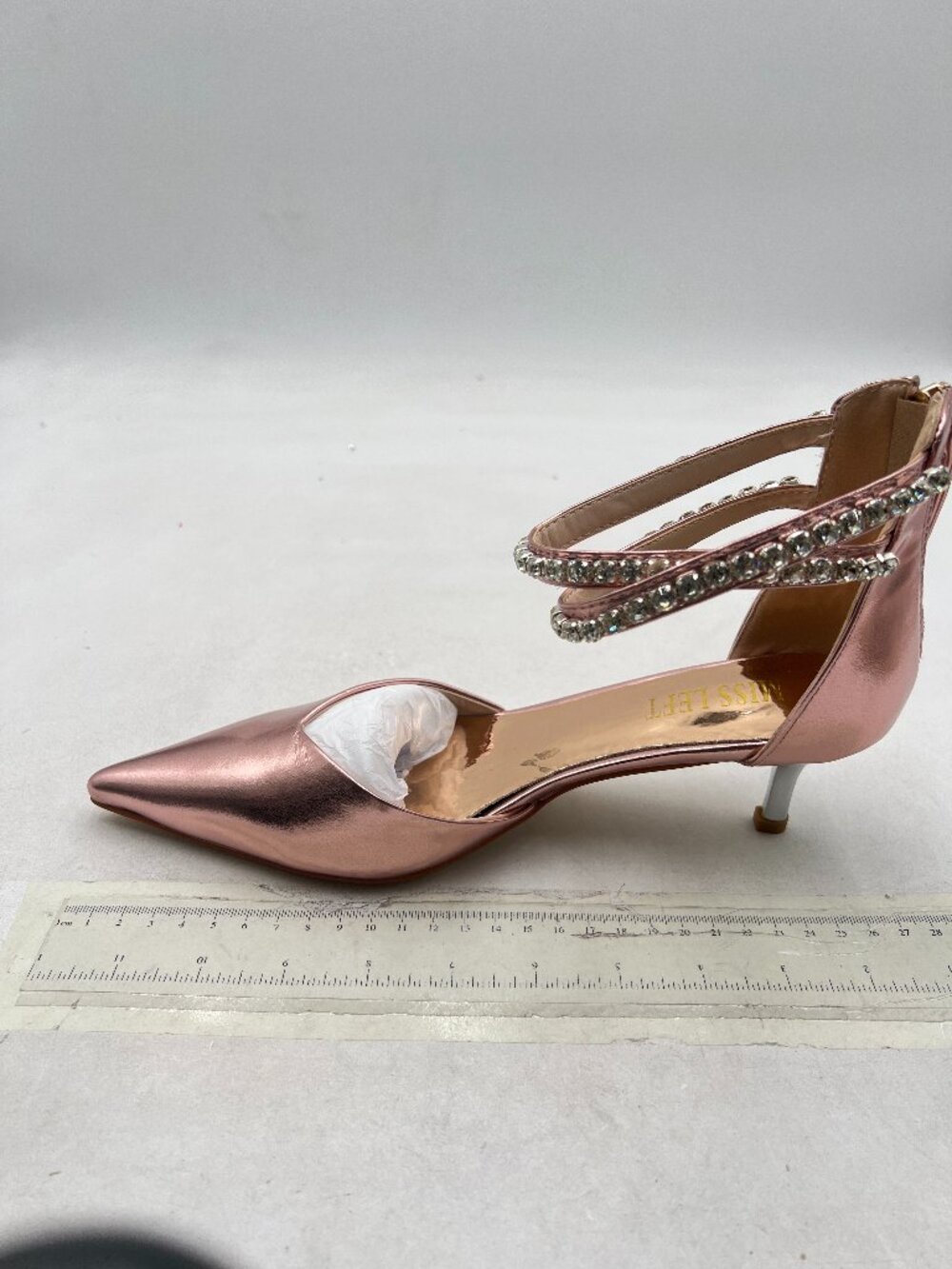 miss left Light Pink Sparkly Rhinestone Ankle Strap Pumps Low Kitten Heel Shoes